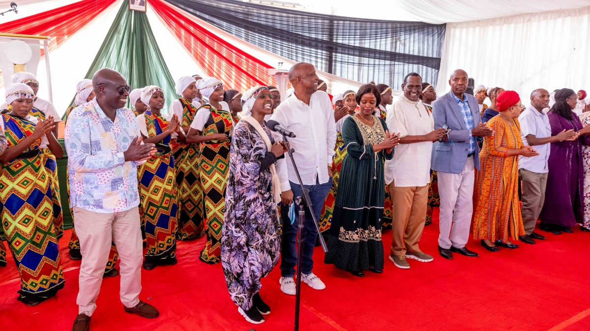 Deputy President Rigathi Gachagua and other leaders join Isiolo Girls High School for a traditional dance during a fundraiser for the institution on February 2, 2024. Photo: DPCS.