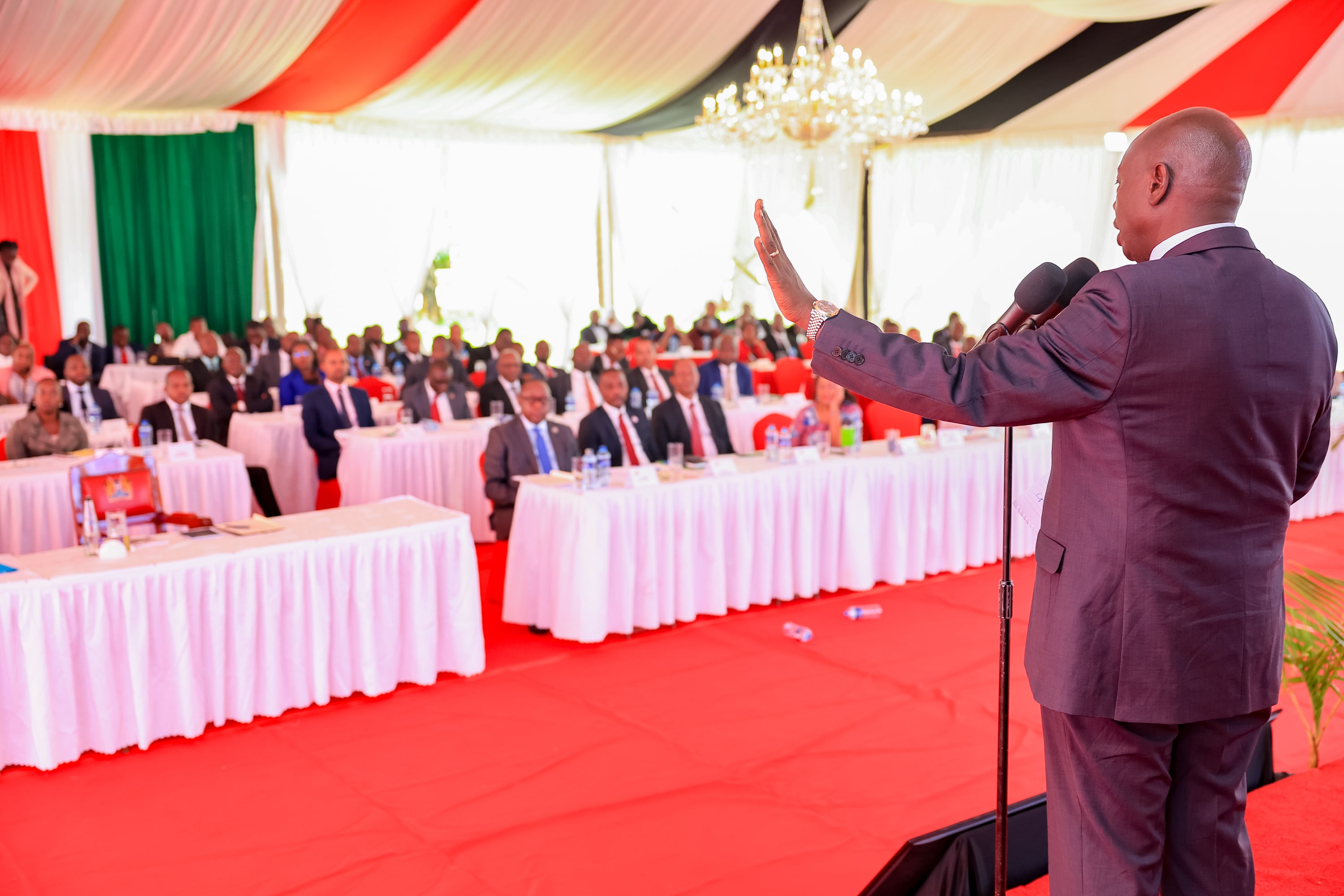 Deputy President Rigathi Gachagua addressing Nairobi county elected leaders, members of the Nairobi Rivers Commission and senior government officials during a meeting held at his official residence in Karen, Nairobi, on April 24, 2024 over the Nairobi Rivers Regeneration programme. PHOTO DPCS