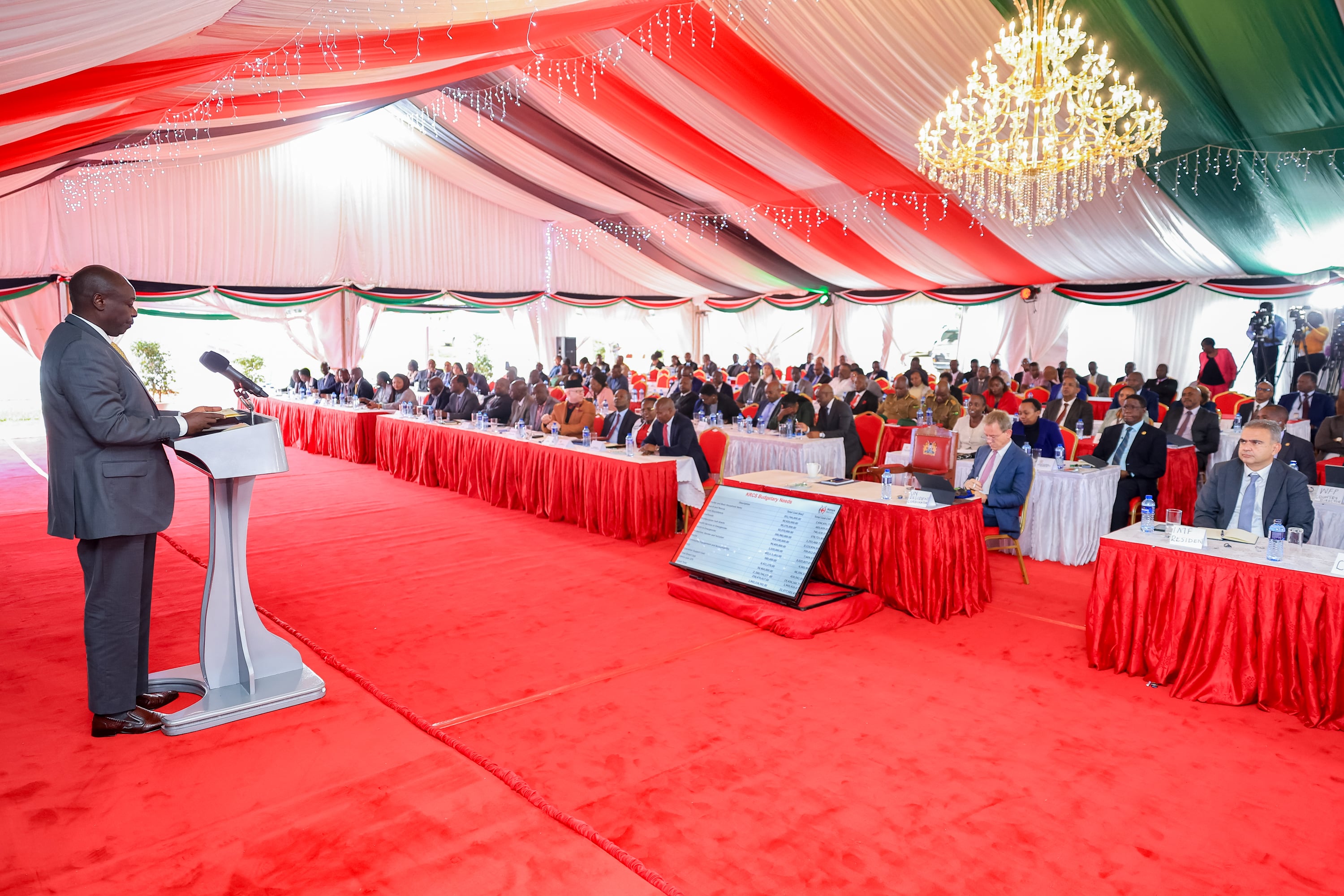 Deputy President Rigathi Gachagua addresses the National Disaster Response Steering Committee meeting during a review of the floods response.  The meeting comprised representatives of the UN in Kenya and other development agencies, representatives of diplomatic missions, the Private Sector, among other actors at the Official Residence in Karen on May 6, 2024.Photo: DPCS