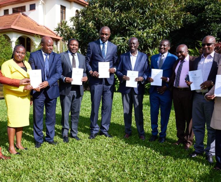 Deputy President Rigathi Gachagua with Nyandarua County Assembly display the Nyandarua County Alcoholic Drinks Control Act, 2023 at the Official Residence in Karen. . 