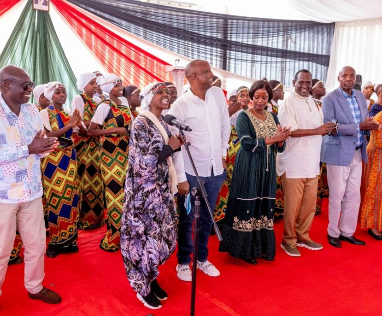 Deputy President Rigathi Gachagua and other leaders join Isiolo Girls High School for a traditional dance during a fundraiser for the institution on February 2, 2024. Photo: DPCS.