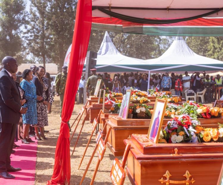 Deputy President Rigathi Gachagua, his Spouse Dr Pastor Dorcas Rigathi and other leaders during the burial service of 17 victims of illicit brew in Kangai, Kirinyaga County on February 17, 2024. PHOTO: DPCS.