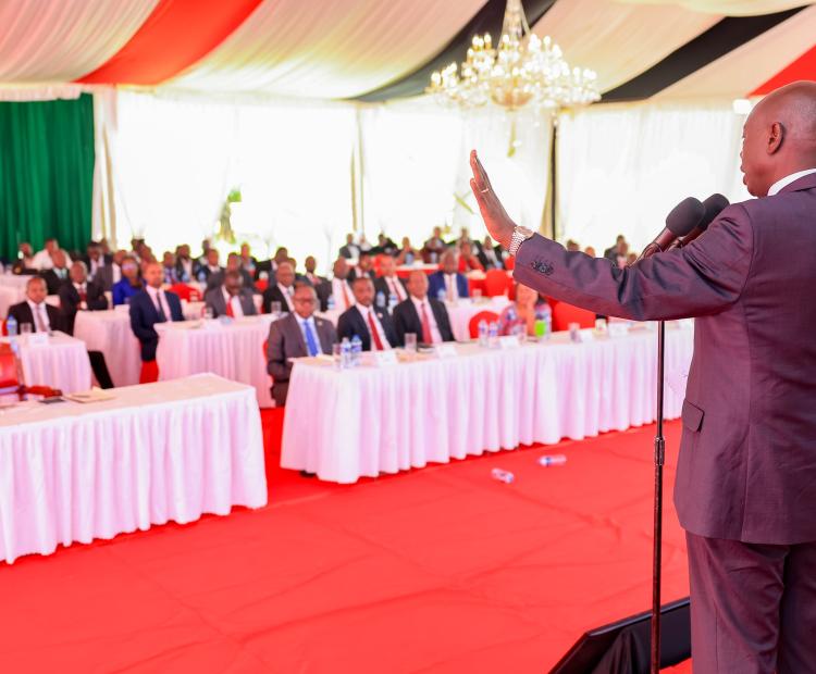 Deputy President Rigathi Gachagua addressing Nairobi county elected leaders, members of the Nairobi Rivers Commission and senior government officials during a meeting held at his official residence in Karen, Nairobi, on April 24, 2024 over the Nairobi Rivers Regeneration programme. PHOTO DPCS