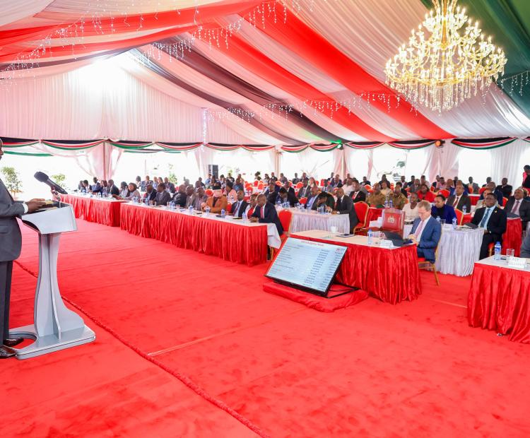 Deputy President Rigathi Gachagua addresses the National Disaster Response Steering Committee meeting during a review of the floods response.  The meeting comprised representatives of the UN in Kenya and other development agencies, representatives of diplomatic missions, the Private Sector, among other actors at the Official Residence in Karen on May 6, 2024.Photo: DPCS